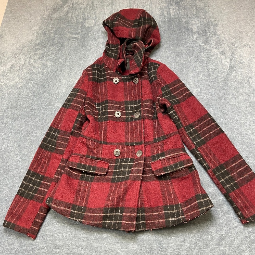 Aeropostale Pea Coat Womens Small Petite Multicolor Plaid Double Breasted Hooded